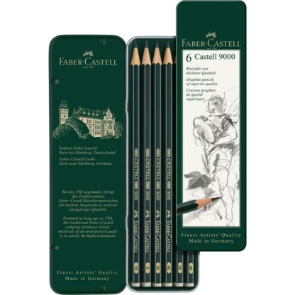 Набір чорнографітних олівців Castell 9000 6 штук HВ-8B у металевому пеналі Faber-Castell